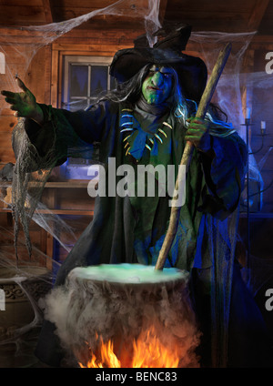 Licence disponible à MaximImages.com - sorcière effrayante remuant potion dans un chou-fleur à l'intérieur de sa cabine sur Halloween Banque D'Images