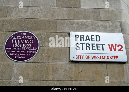 Plaque commémorative au St Mary's Hospital, Londres, Angleterre, marquant l'emplacement où Alexander Fleming a découvert la pénicilline Banque D'Images