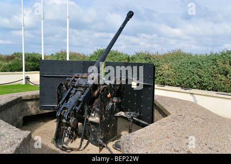 Seconde Guerre mondiale Deux canon anti-aérien allemand près de la WW2 Utah Beach Musée du débarquement, à Sainte-Marie-du-Mont, Normandie, France Banque D'Images