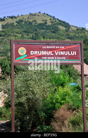 Route du vin route près de marqueur de domaine Telna Telna, dans village, département d'Alba, en Transylvanie, Roumanie. Banque D'Images