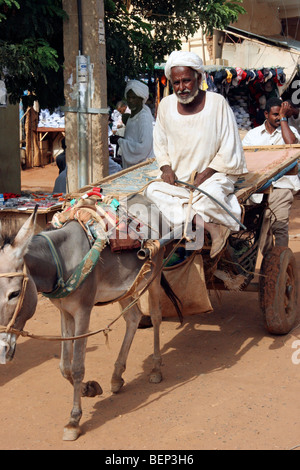 Dans l'homme nubien thawb / thobe / dishdasha sur chariot tiré par l'âne (Equus asinus) d'Omdurman, Khartoum, Soudan, Afrique du Nord Banque D'Images