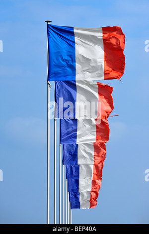 Rangée de drapeaux nationaux français de France sur des mâts au vent contre le ciel bleu Banque D'Images