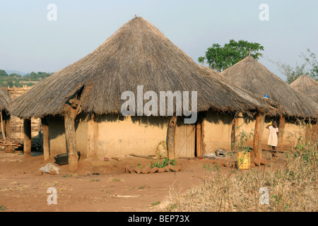 Cabanes primitives avec des toits de chaume au village de Zambie, Afrique du Sud Banque D'Images