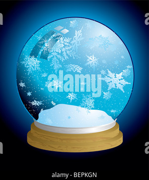 Maison de vacances de Noël avec des flocons de neige globe et socle en bois Banque D'Images