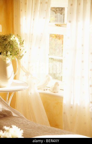 Pot de fleurs sur la petite table à côté de fenêtre avec des rideaux en voile crème longue chambre cottage Banque D'Images