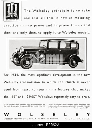 Publicité pour la voiture de Wolseley. À partir de l'Illustrated London News, numéro de Noël, 1933. Banque D'Images