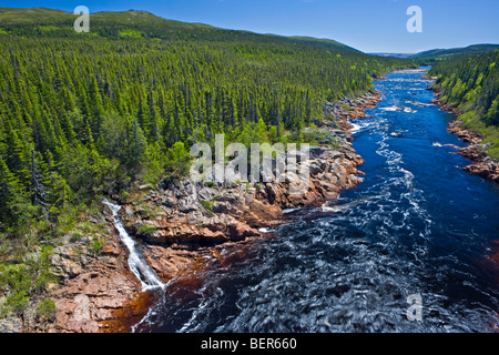 La gorge de la rivière Pinware et rapids vu le long de la route du littoral du Labrador, l'autoroute 510, route des Vikings, des sentiers pour les Vikings, Banque D'Images
