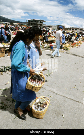 Deux jeunes femmes vendant des herbes et épices de petits paniers. Les locaux du marché de l'Équateur. Banque D'Images