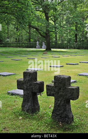 Croix en pierre et pierres tombales WW1 allemand à une Première Guerre mondiale dans le cimetière militaire de Vladslo forêt Praatbos, Belgique Banque D'Images