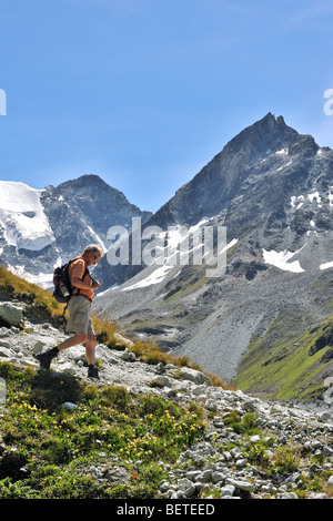 Walker / randonneur marchant en été le long chemin de montagne dans les Alpes Valaisannes Suisse / Walliser Alpen, Valais / Wallis (Suisse) Banque D'Images