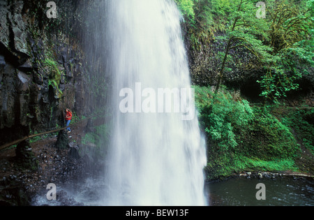 Randonneur sur le sentier qui va derrière Lower South Falls à Silver Falls State Park, Oregon. Banque D'Images