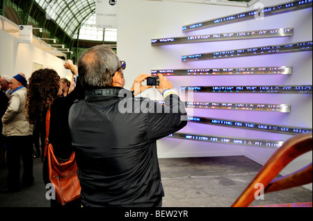 Paris, France, à la recherche de personnes, de prendre des photos, au congrès annuel de l'art contemporain, la FIAC. La sculpture moderne, l'installation d'éclairage à LED, d'admirer la sculpture art Banque D'Images