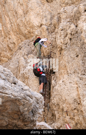 Passo di Farangole : marcheurs sur aidé via ferrata échelle en Pale di San Martino, parc d'été Dolomites italiennes Banque D'Images