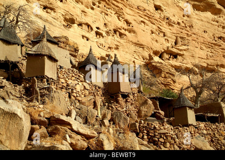 Les silos à grains traditionnels en face de l'escarpement au village Dogon de Songho, Mali Banque D'Images