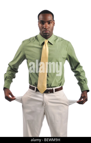 Young businessman showing poches vides isolé sur fond blanc Banque D'Images