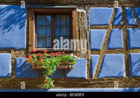 Floral EGUISHEIM à colombages de la "rue du Rempart" avec des maisons traditionnelles et les jardinières de fleurs à Eguisheim Alsace France Banque D'Images