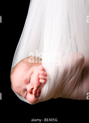 Forfait bébé cigogne. 14 jours Naissance bebe Fille réalisée dans un tissu blanc Banque D'Images