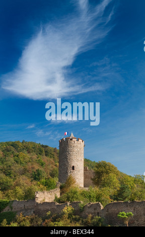 Le Château de Kaysersberg battant pavillon français situé dans les vignes au-dessus de la ville médiévale de Kaysersberg Alsace France Banque D'Images