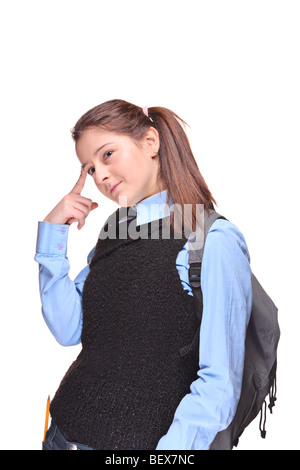 Femme pensive teenage student isolated against white background Banque D'Images