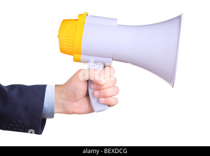 Businessman holding a megaphone, isolé sur fond blanc Banque D'Images