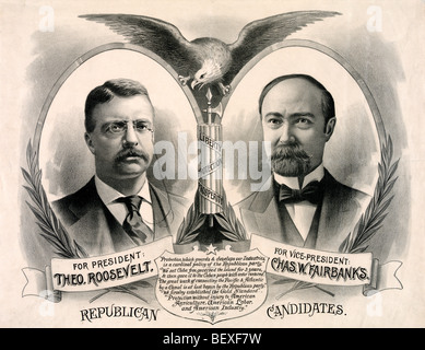 1904 affiche de campagne pour l'élection présidentielle aux Etats-Unis, les candidats du Parti républicain - Theodore Roosevelt et Charles Fairbanks Banque D'Images