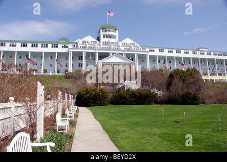 Vue du Grand Hôtel de pelouse, l'île Mackinac, Michigan Banque D'Images