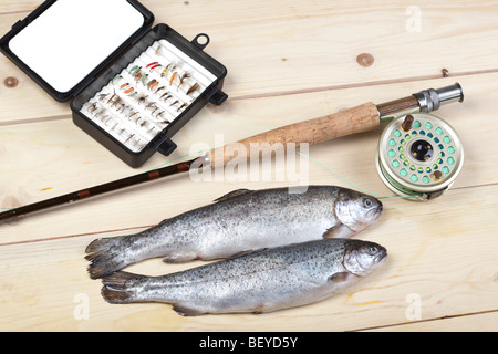Canne et moulinet de pêche à la mouche avec un bruit sec jaune bug Banque D'Images