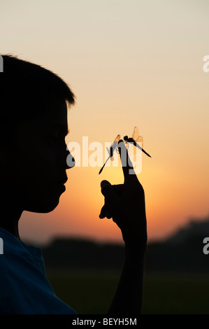 Jeune Indien avec libellules sur son doigt au lever du soleil. Silhouette. L'Inde Banque D'Images