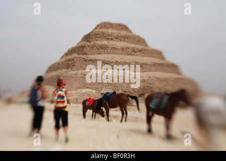 Les touristes et les chevaux à la pyramide de Zoser - Saqqara, Egypte. Banque D'Images