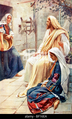 Illustration de Jésus à la maison de Marthe et Marie (Luc) peinte par Harold Copping Banque D'Images