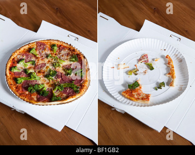 Un diptyque d'une pizza entière et une pizza mangée Banque D'Images