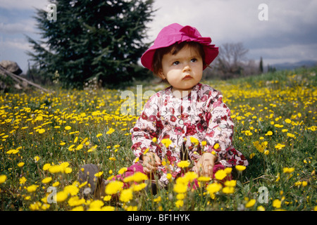 Faustine 16 mois dans un champ de fleurs jaunes sauvages Banque D'Images
