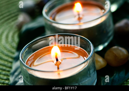 Les chandelles allumées dans les titulaires de verre sur feuille verte Banque D'Images