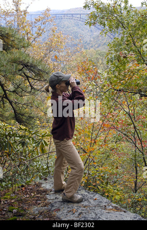 Observateur d'oiseaux avec des jumelles à New River Gorge - Virginie-occidentale - verticale Banque D'Images