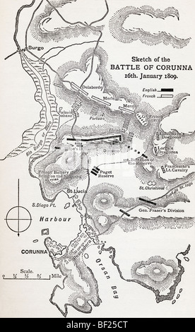 Carte montrant l'emplacement de la bataille de La Corogne, Galice, Espagne, 16 janvier 1809. Banque D'Images