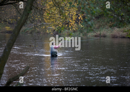La pêche à la mouche sur le nord de la rivière Tyne à Bellingham Northumberland england uk Banque D'Images