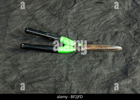 Cisailles de jardin rouillées sur fond de toile Banque D'Images