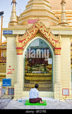 Homme qui prie à Sule Paya, Yangoon, Myanmar. Banque D'Images