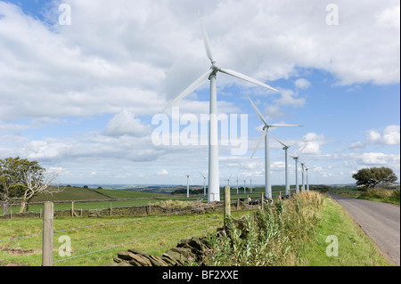 Ferme éolienne de production d'énergie 35m de hauteur au moyeu et ont un diamètre de rotor de 37m Banque D'Images