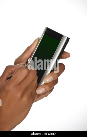 Close up of an African American Woman holding a PDA Banque D'Images