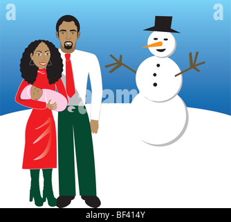 Vector Illustration de famille numéro 5. Une famille de 3 en face du bonhomme pendant la période de Noël. A l'espace pour un message. Banque D'Images