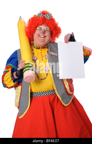 Clown holding large crayon et papier blanc Banque D'Images