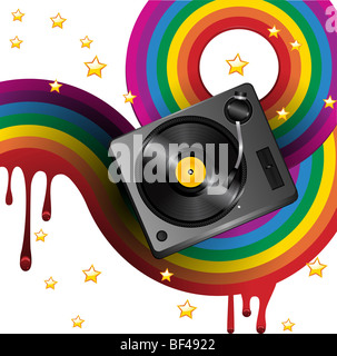 Sur une platine retro funky dégoulinant de fond arc-en-ciel Banque D'Images