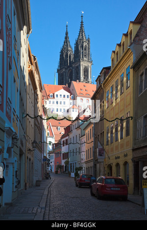 Vue sur les tours de la cathédrale de le château Albrechtsburg à Meissen, Saxe, Allemagne, Europe Banque D'Images