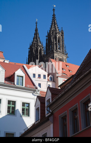 Vue sur les tours de la cathédrale de le château Albrechtsburg à Meissen, Saxe, Allemagne, Europe Banque D'Images