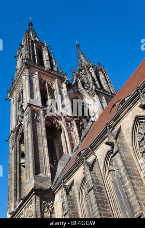 Vue sur les tours de la cathédrale de le château Albrechtsburg à Meissen, Saxe, Allemagne, Europe Banque D'Images