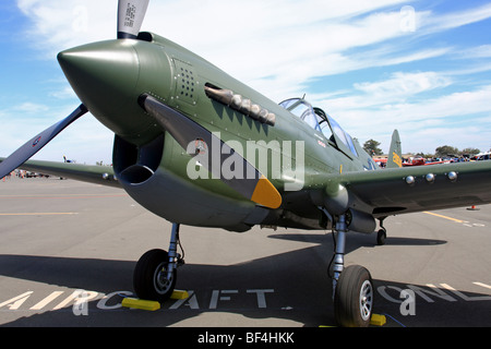 Curtiss P-40N Warhawk se trouve en exposition statique lors d'un fly-in à l'aéroport de l'arbre à Vacaville, Californie. Banque D'Images