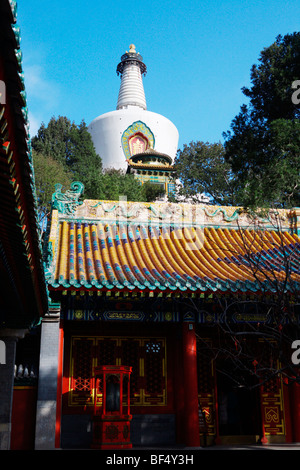 Vue du hall de Falun, Dagoba Blanc Le Parc Beihai, Beijing, Chine Banque D'Images