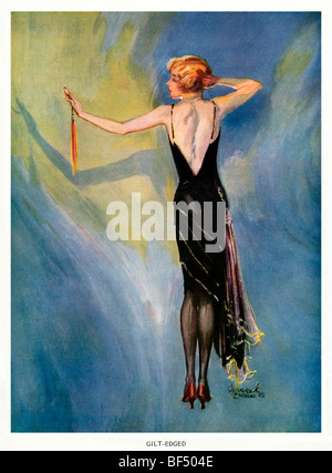 Gilt-Edged, Art Déco des années 1930 belle illustration de mode de dame contrôler que tout va bien dans son avant que le ballon compact Banque D'Images