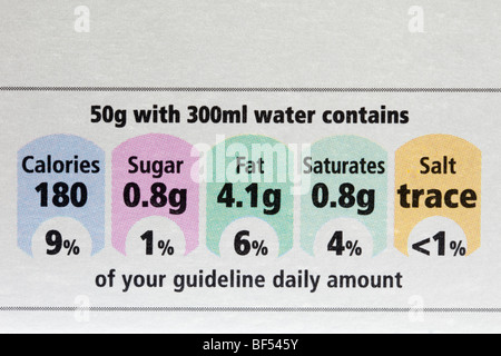 L'information nutritionnelle des aliments typiques montrant les valeurs de contenu avec  % GDA sur sachet de gruau d'avoine au près. Angleterre Royaume-uni Grande-Bretagne Banque D'Images